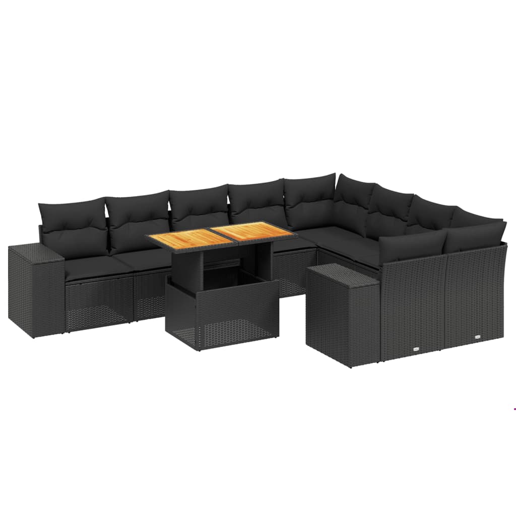 Set Divani da Giardino 10pz con Cuscini in Polyrattan Nero