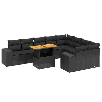 Set Divani da Giardino 10pz con Cuscini in Polyrattan Nero