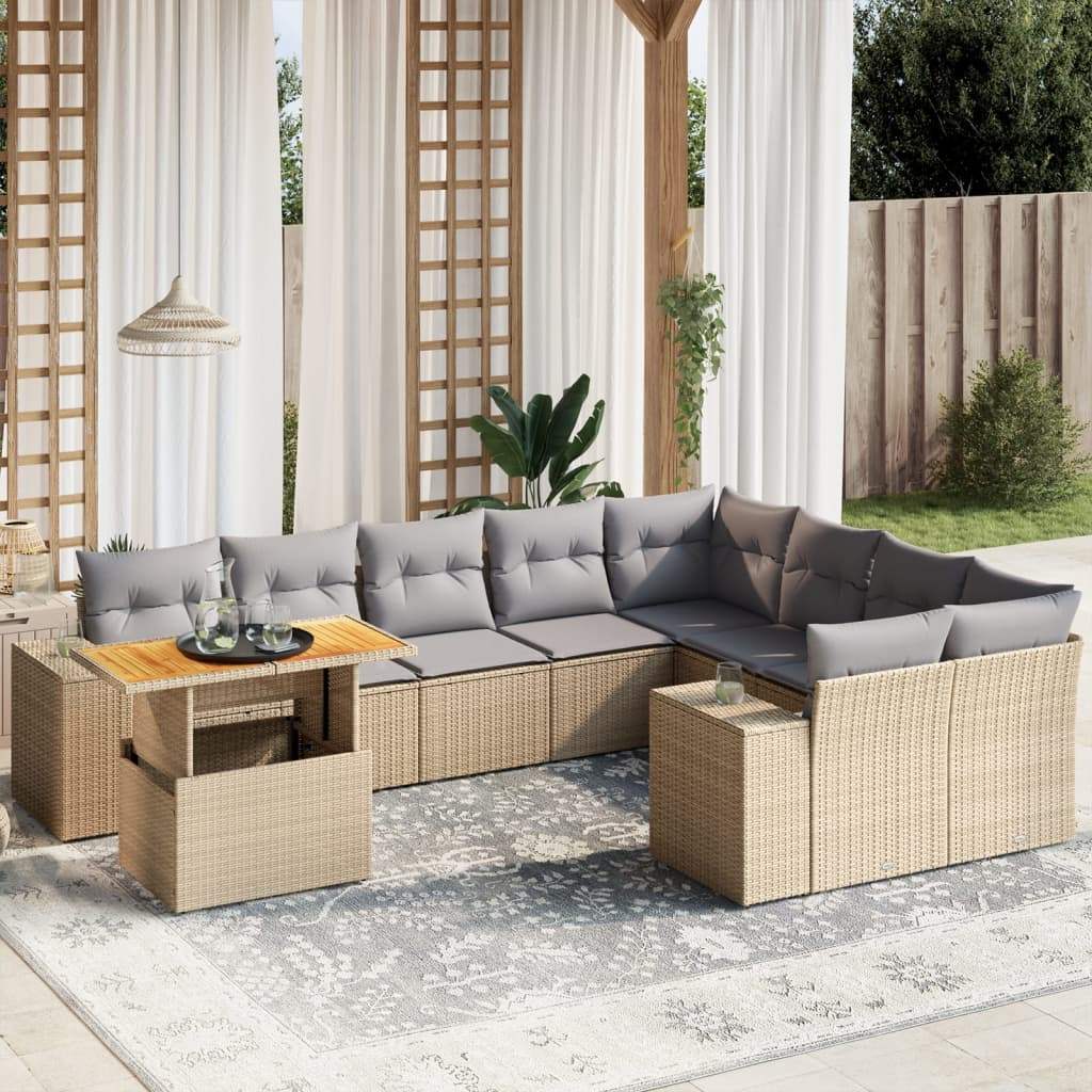 Set Divano da Giardino 10 pz con Cuscini Beige in Polyrattan - homemem39