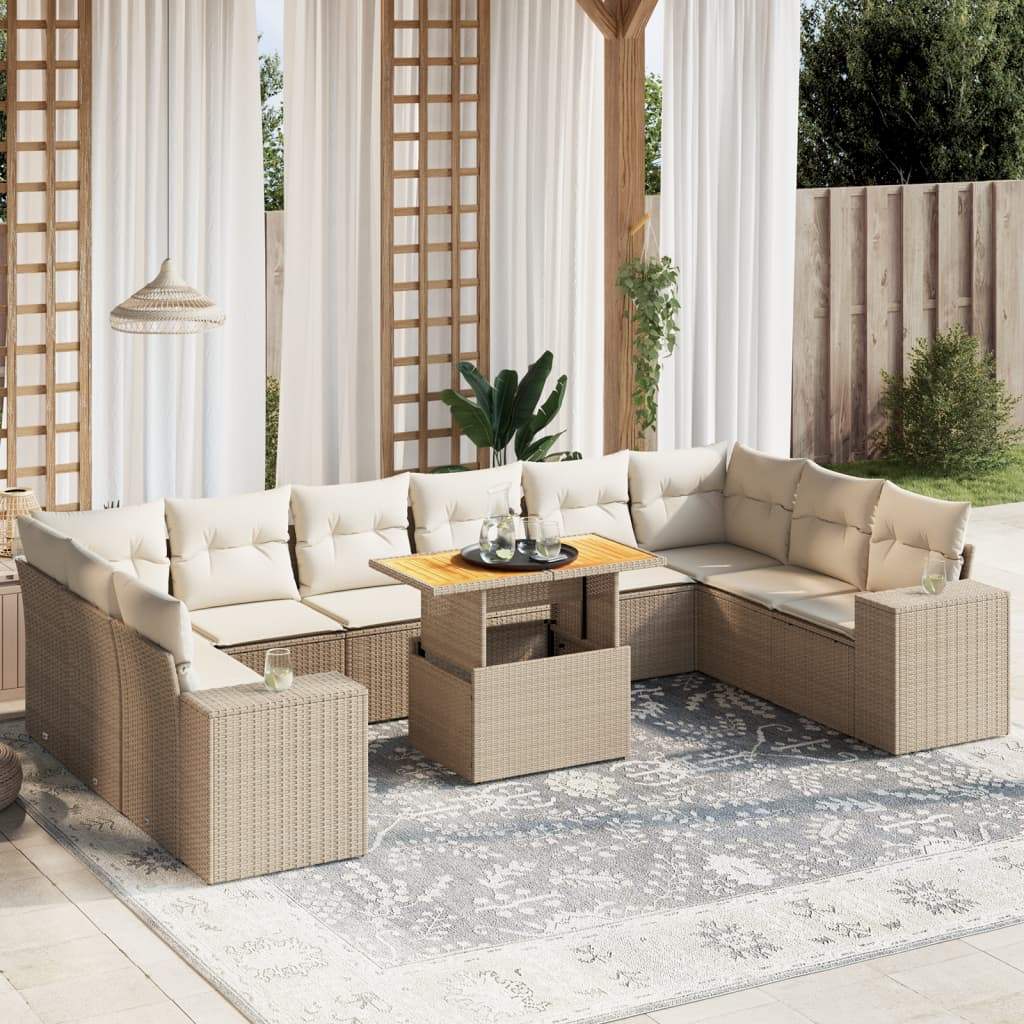 Set Divani da Giardino 11 pz con Cuscini Beige in Polyrattan - homemem39