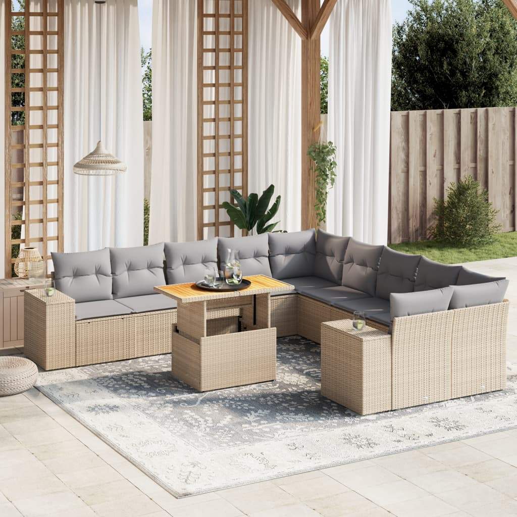 Set Divani da Giardino 11 pz con Cuscini Beige in Polyrattan - homemem39