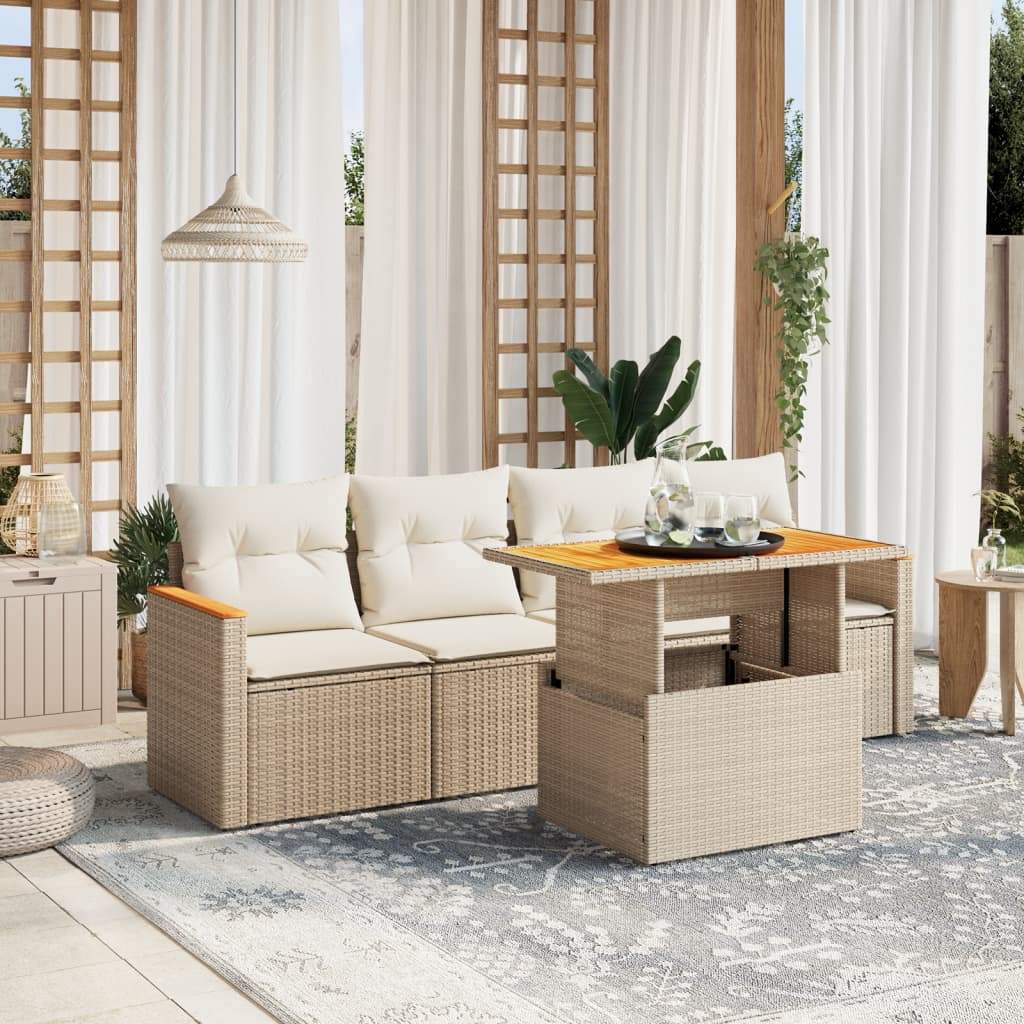 Set Divano da Giardino 5 pz con Cuscini Beige in Polyrattan - homemem39