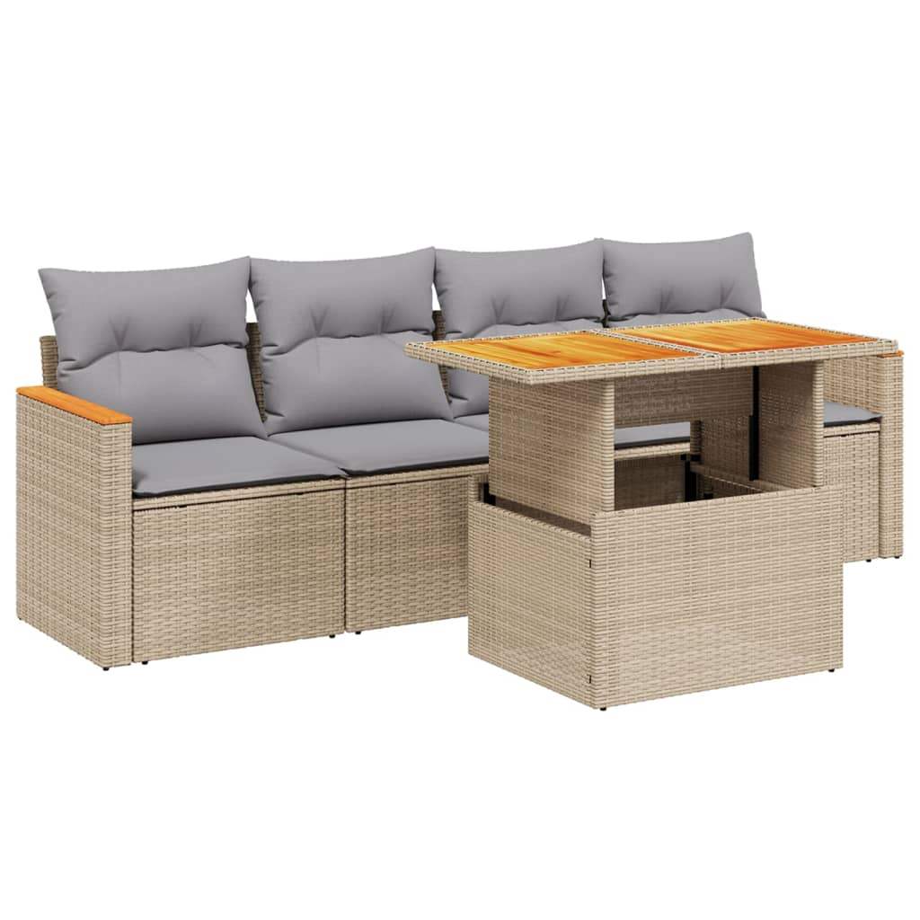Set Divano da Giardino 5 pz con Cuscini Beige in Polyrattan - homemem39