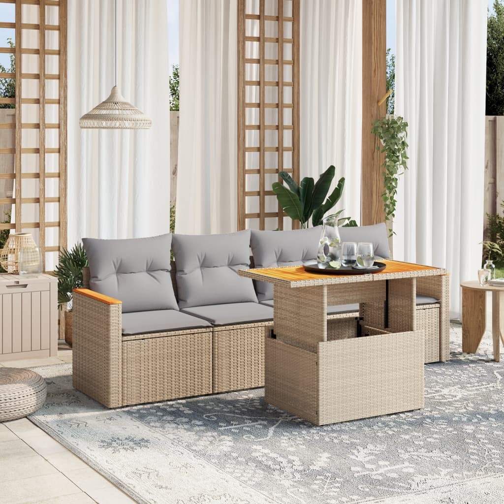 Set Divano da Giardino 5 pz con Cuscini Beige in Polyrattan - homemem39