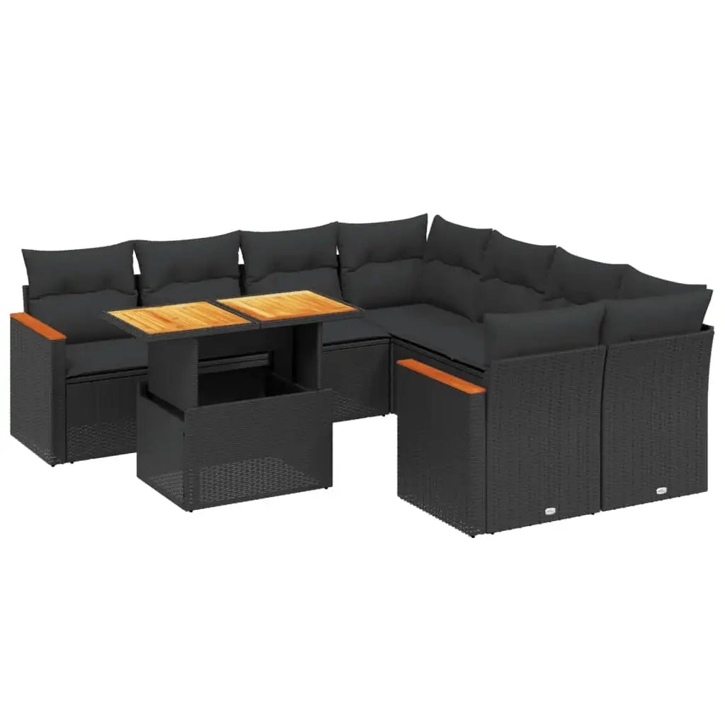 Set Divani da Giardino 9 pz con Cuscini Nero in Polyrattan - homemem39