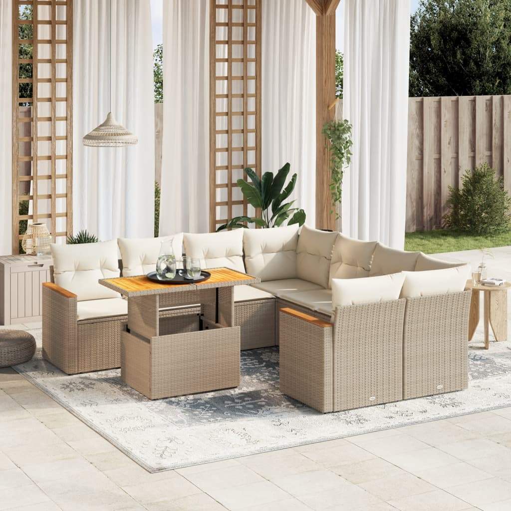 Set Divano da Giardino 9 pz con Cuscini Beige in Polyrattan - homemem39