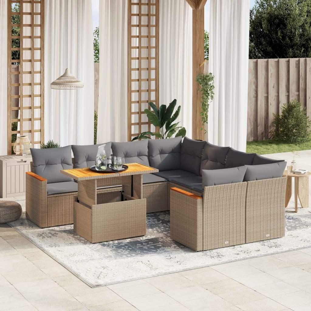 Set Divano da Giardino 9 pz con Cuscini Beige in Polyrattan - homemem39