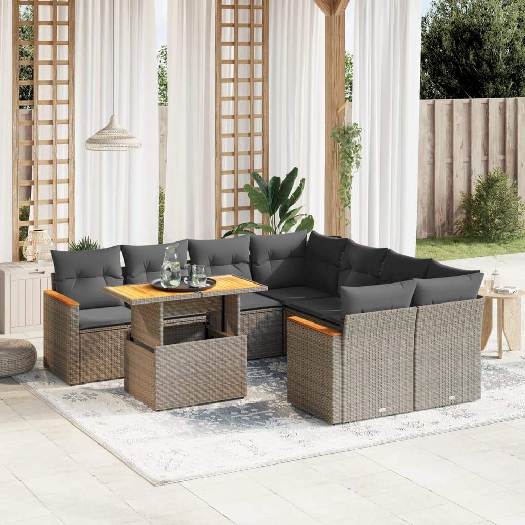 Set Divano da Giardino 9 pz con Cuscini Grigio in Polyrattan - homemem39