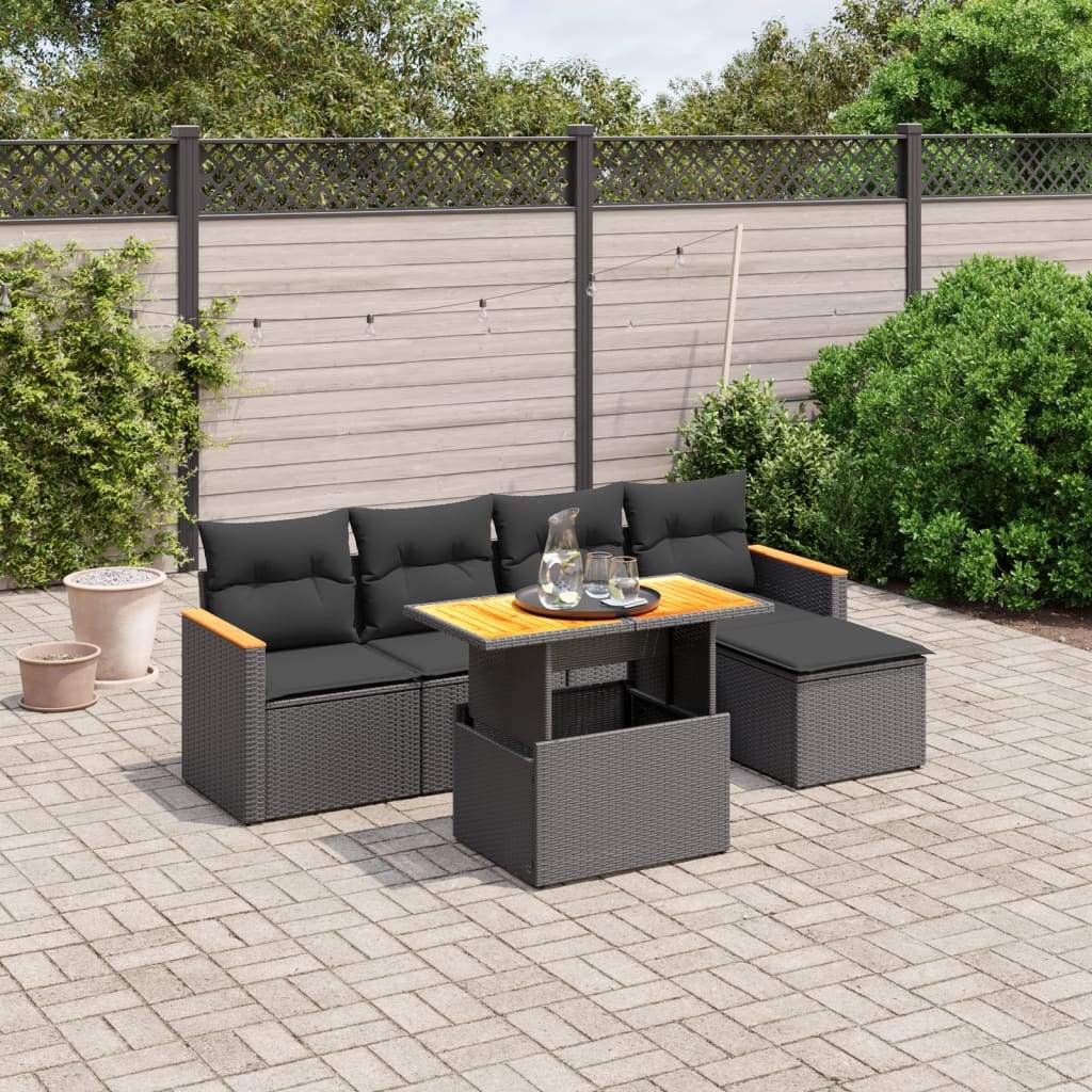Set Divano da Giardino 6 pz con Cuscini Nero in Polyrattan - homemem39