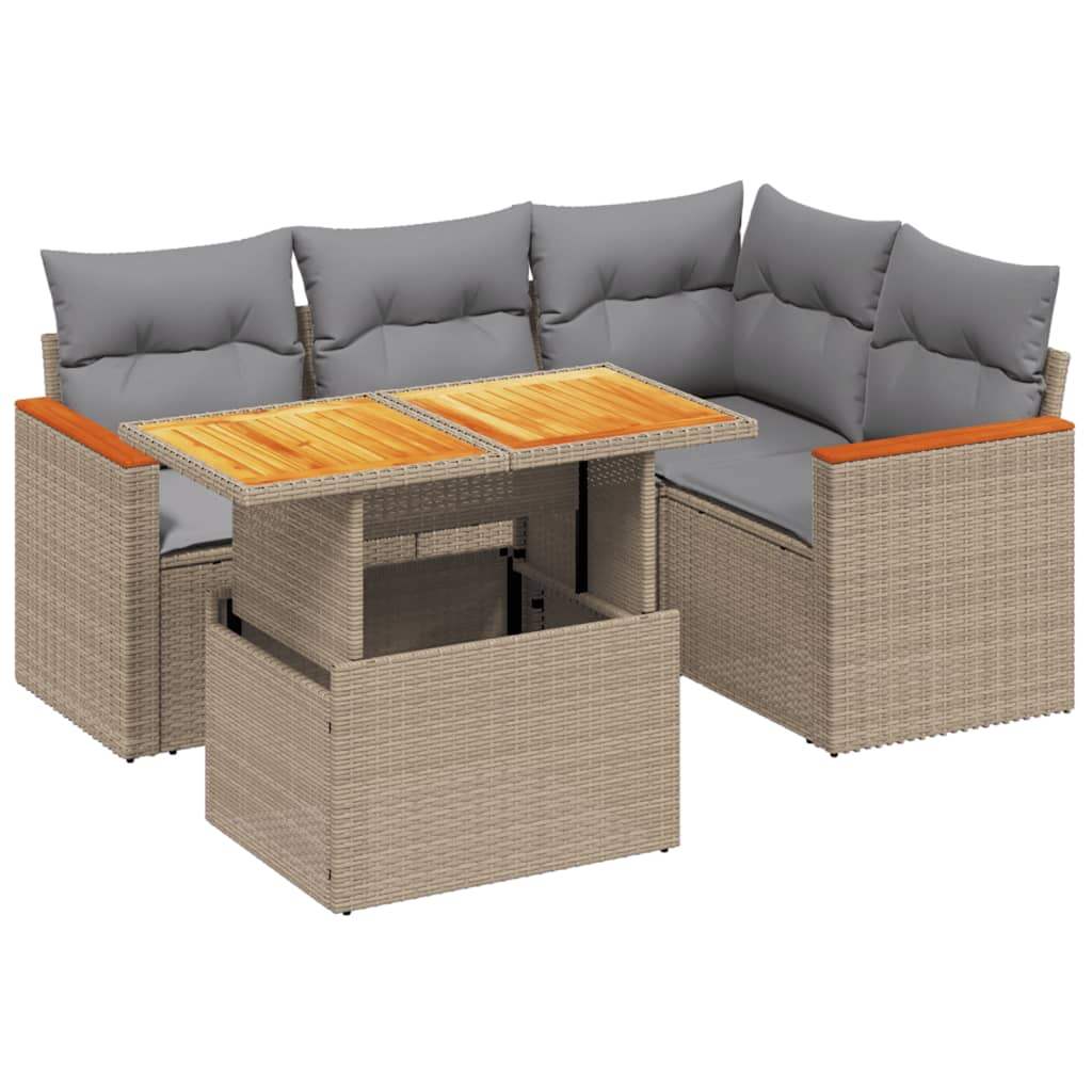 Set Divano da Giardino 5 pz con Cuscini Beige in Polyrattan - homemem39