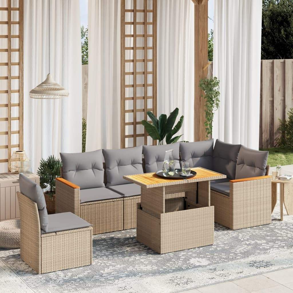 Set Divani da Giardino 7 pz con Cuscini Beige in Polyrattan - homemem39