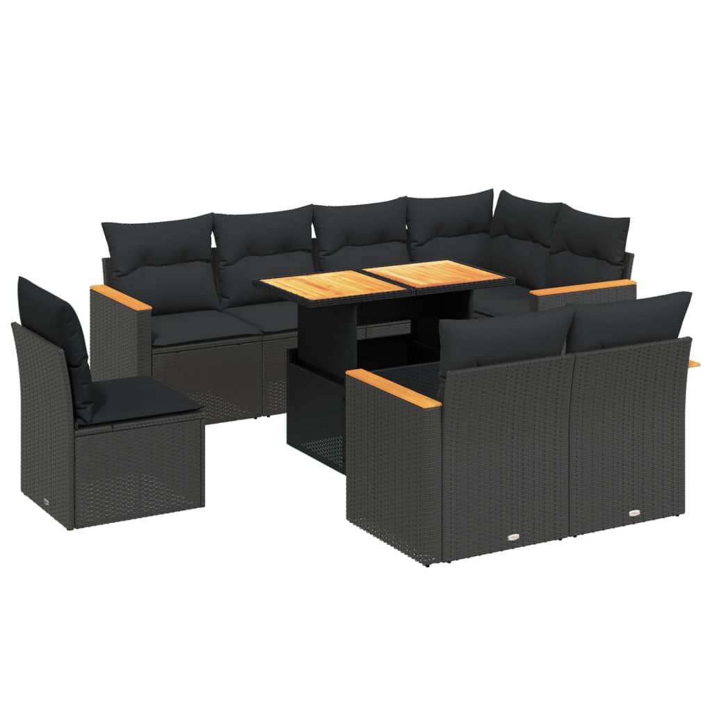 Set Divani da Giardino 9 pz con Cuscini Nero in Polyrattan - homemem39