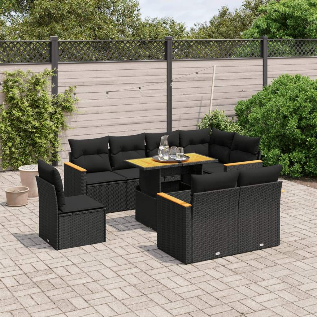 Set Divani da Giardino 9 pz con Cuscini Nero in Polyrattan - homemem39