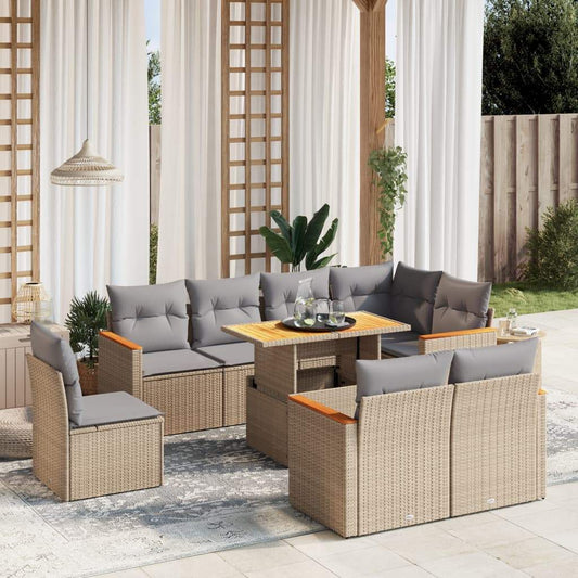 Set Divano da Giardino 9 pz con Cuscini Beige in Polyrattan - homemem39