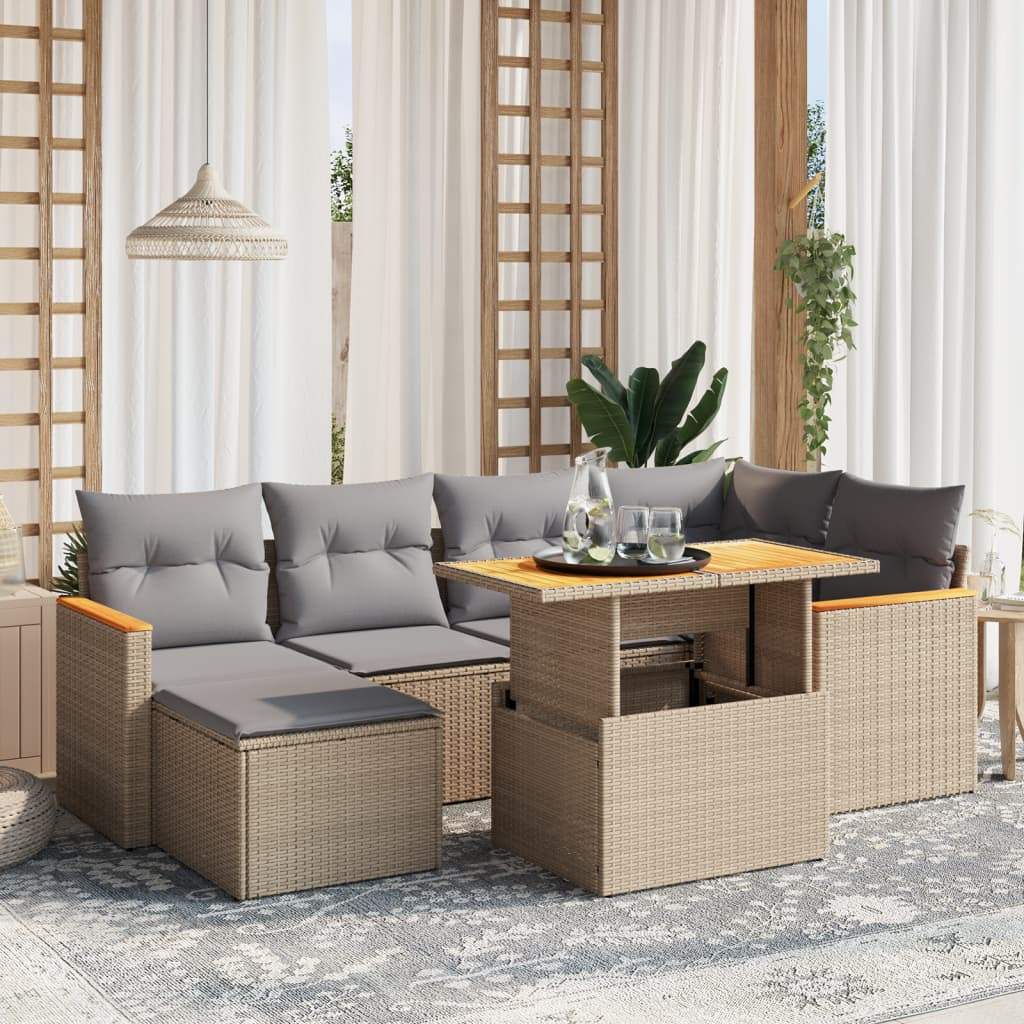 Set Divani da Giardino 7 pz con Cuscini Beige in Polyrattan - homemem39