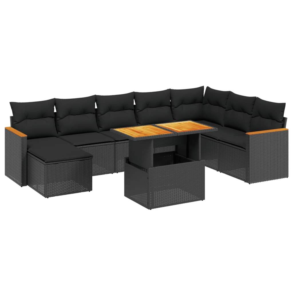 Set Divani da Giardino 9 pz con Cuscini Nero in Polyrattan - homemem39