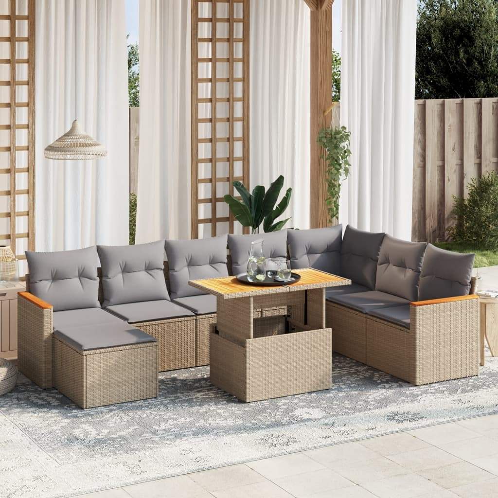 Set Divano da Giardino 9 pz con Cuscini Beige in Polyrattan - homemem39
