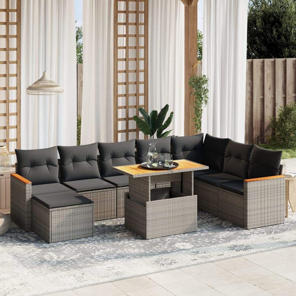 Set Divano da Giardino 9 pz con Cuscini Grigio in Polyrattan - homemem39