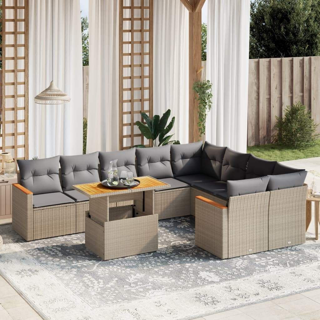 Set Divano da Giardino 10 pz con Cuscini Beige in Polyrattan - homemem39