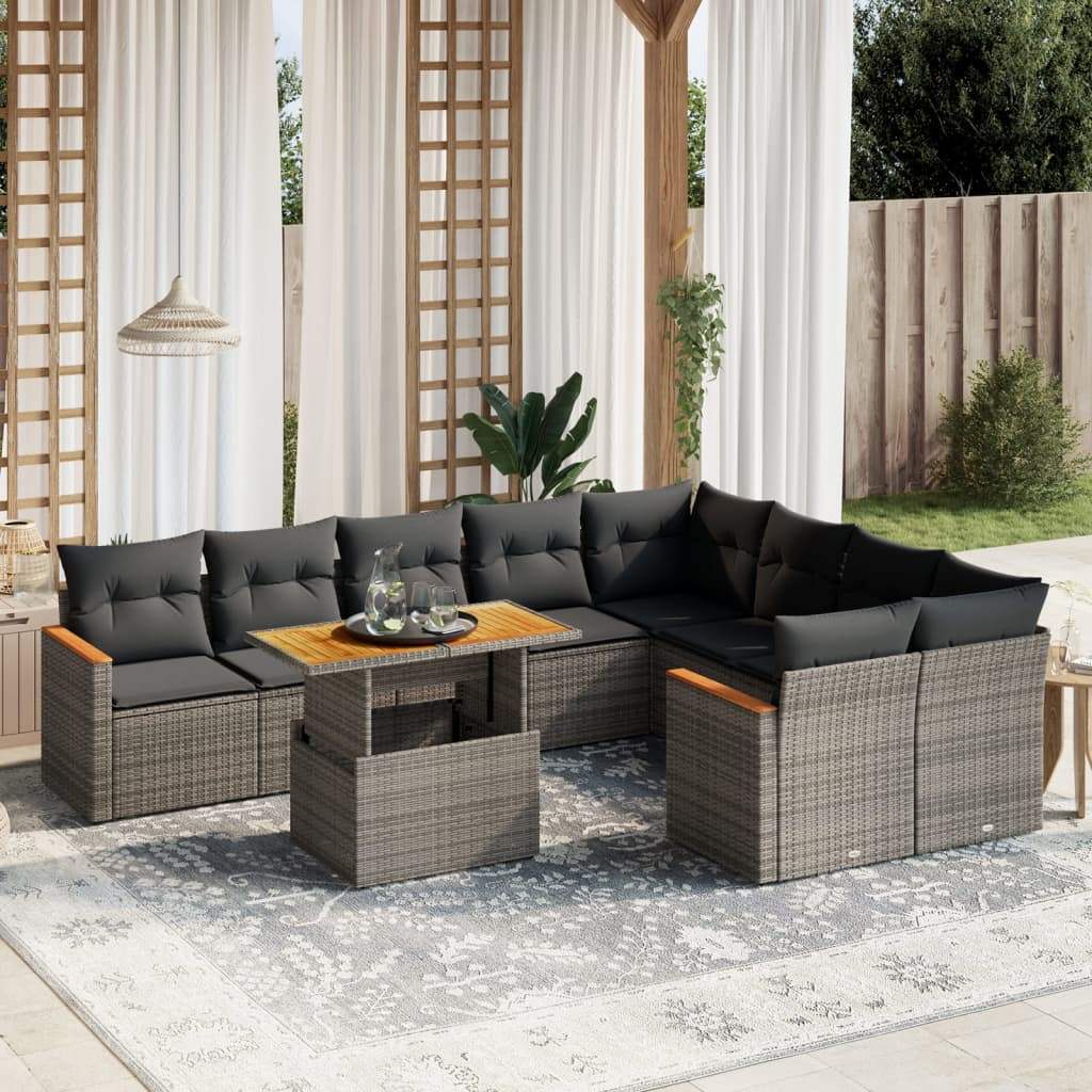 Set Divano da Giardino 10 pz con Cuscini Grigio in Polyrattan - homemem39