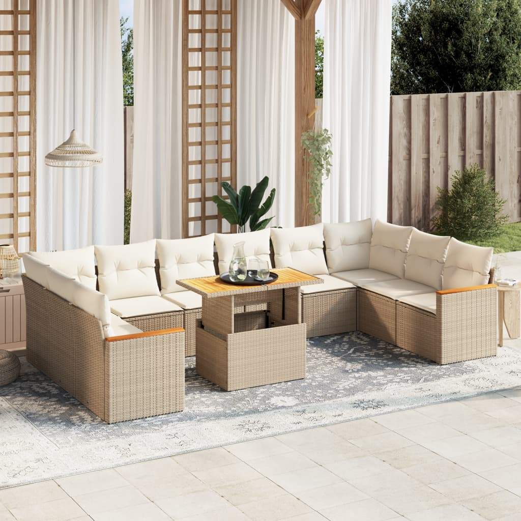 Set Divani da Giardino 11 pz con Cuscini Beige in Polyrattan - homemem39
