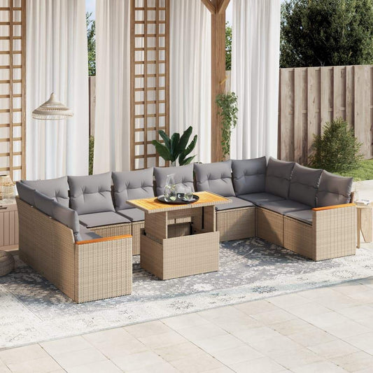 Set Divani da Giardino 11 pz con Cuscini Beige in Polyrattan - homemem39