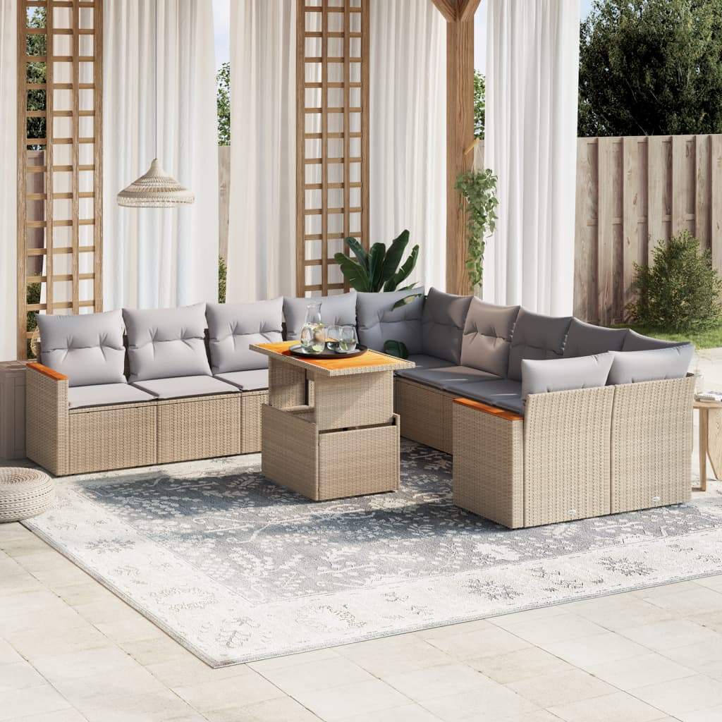 Set Divani da Giardino 11 pz con Cuscini Beige in Polyrattan - homemem39