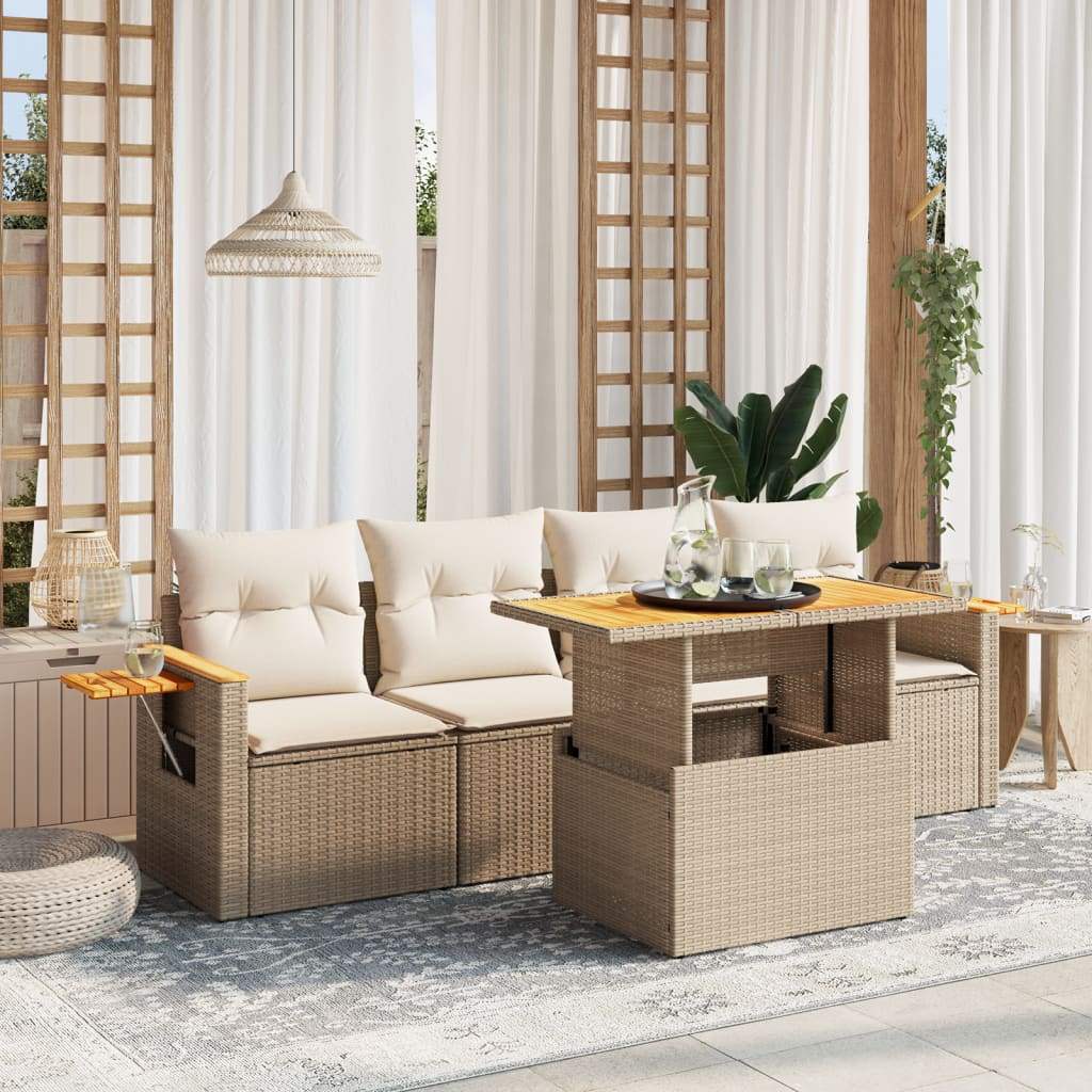 Set Divano da Giardino 5 pz con Cuscini Beige in Polyrattan - homemem39