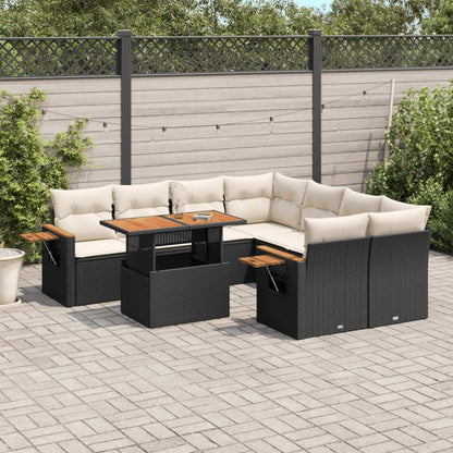 Set Divani da Giardino 9 pz con Cuscini Nero in Polyrattan