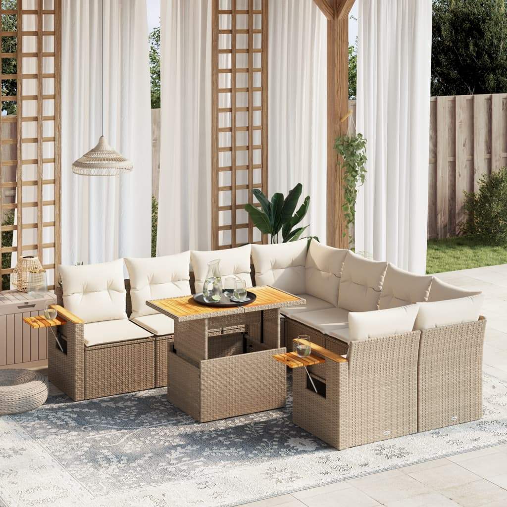 Set Divano da Giardino 9 pz con Cuscini Beige in Polyrattan - homemem39