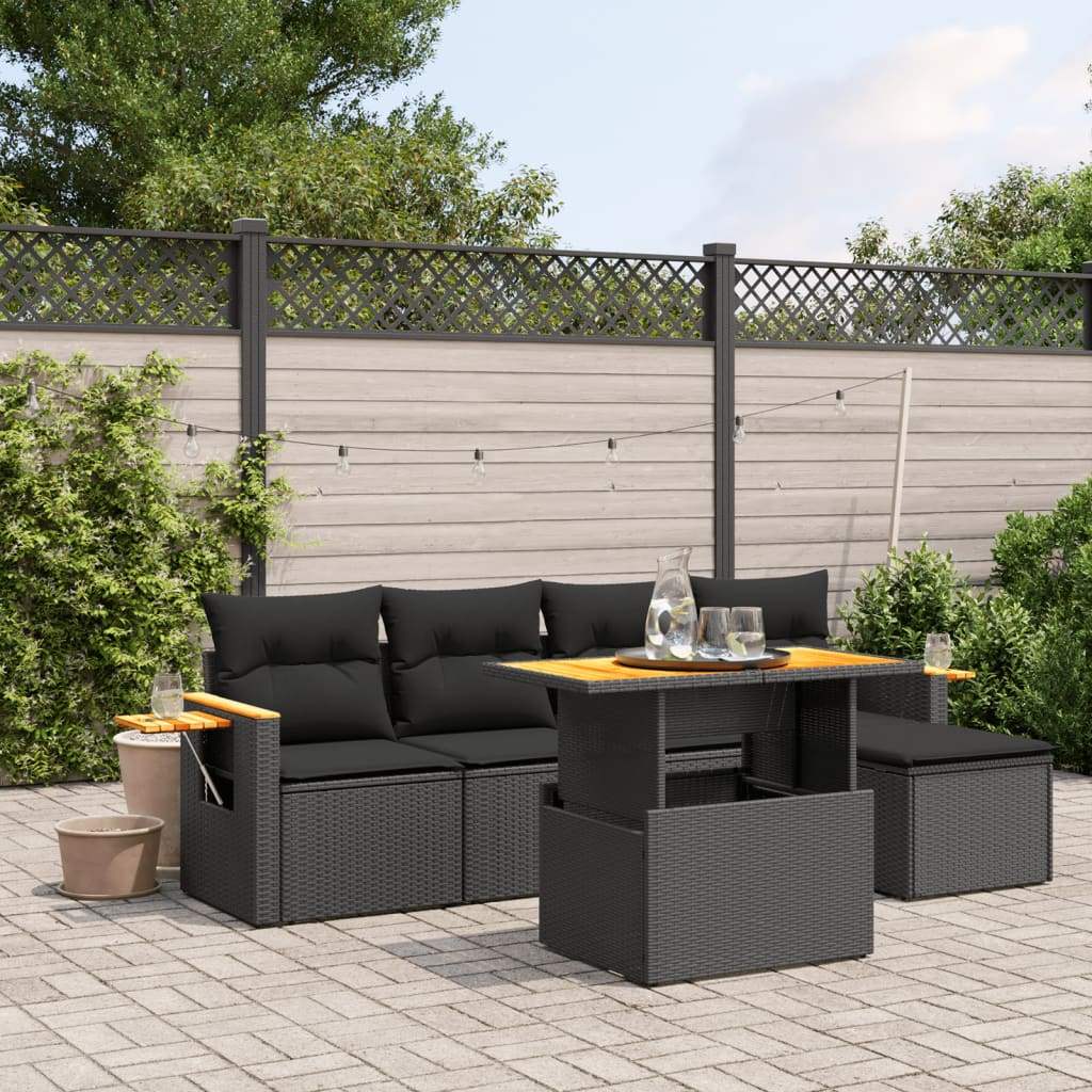Set Divano da Giardino 6 pz con Cuscini Nero in Polyrattan - homemem39