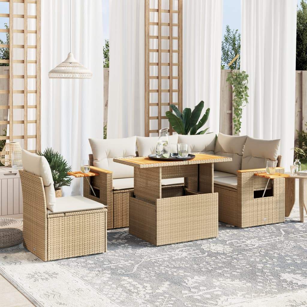 Set Divano da Giardino 6 pz con Cuscini Beige in Polyrattan - homemem39