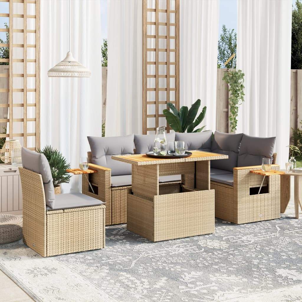 Set Divano da Giardino 6 pz con Cuscini Beige in Polyrattan - homemem39