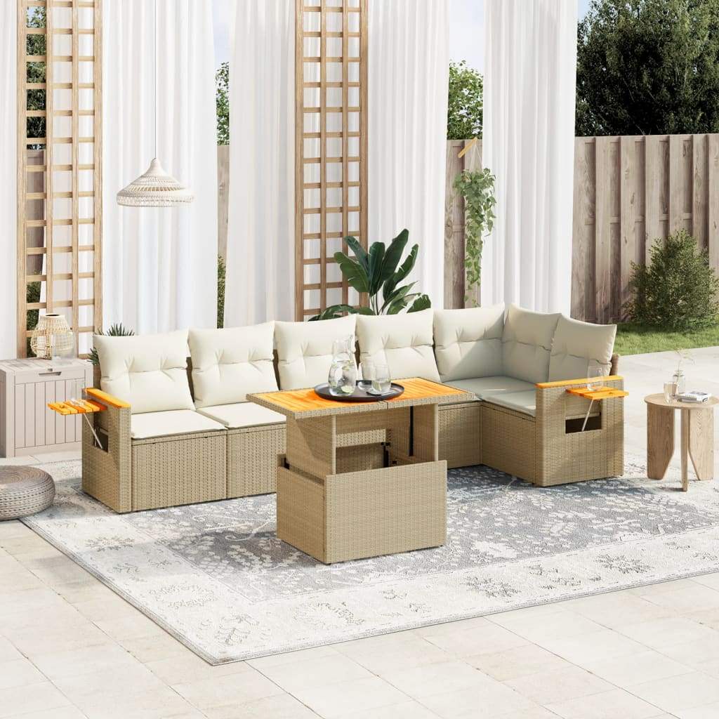 Set Divani da Giardino 7 pz con Cuscini Beige in Polyrattan - homemem39