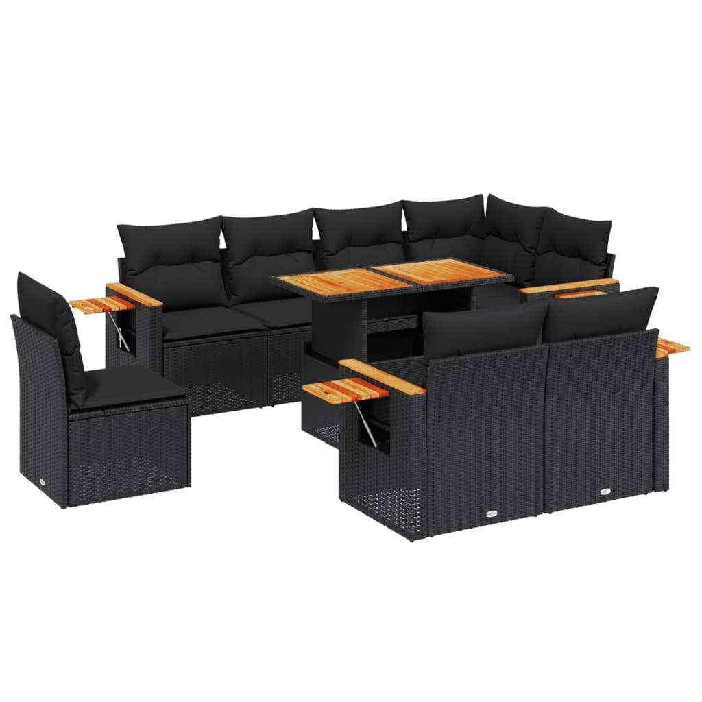 Set Divani da Giardino 9 pz con Cuscini Nero in Polyrattan - homemem39