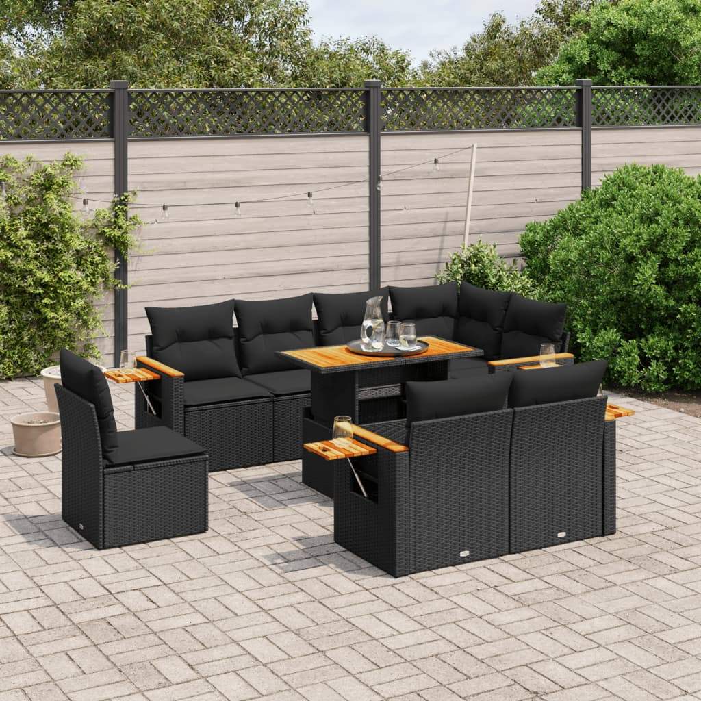 Set Divani da Giardino 9 pz con Cuscini Nero in Polyrattan - homemem39