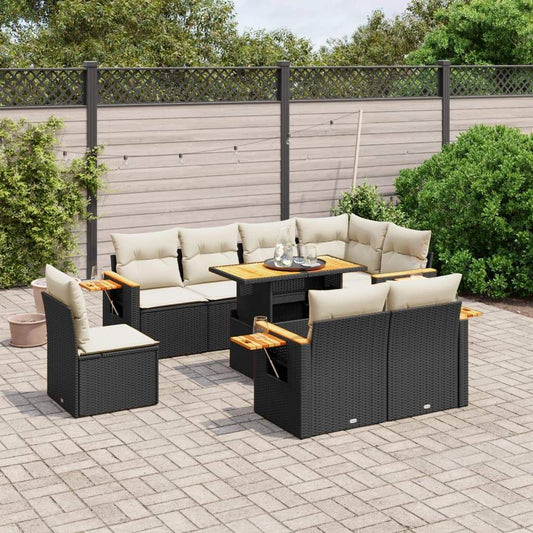 Set Divani da Giardino 9 pz con Cuscini Nero in Polyrattan - homemem39