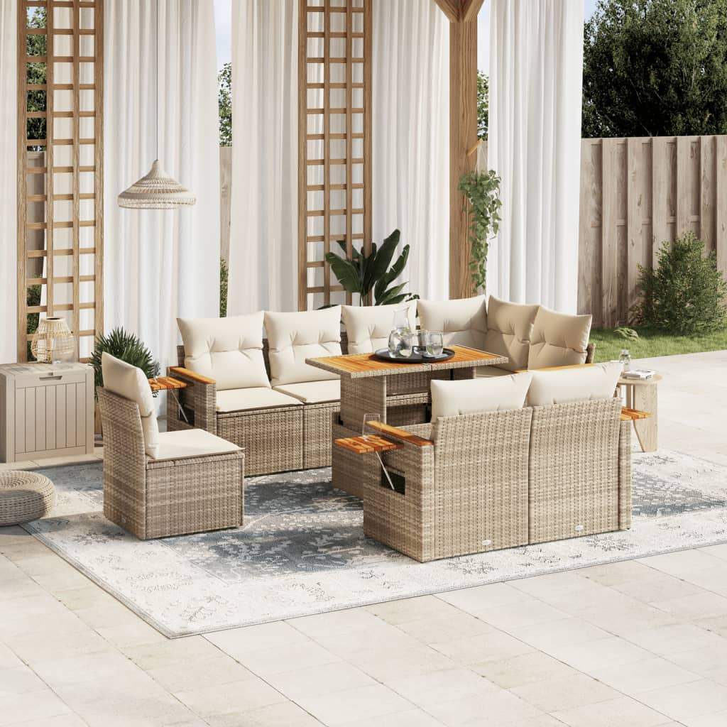 Set Divano da Giardino 9 pz con Cuscini Beige in Polyrattan - homemem39