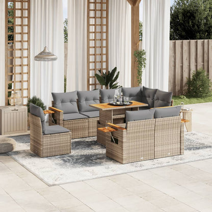 Set Divano da Giardino 9 pz con Cuscini Beige in Polyrattan