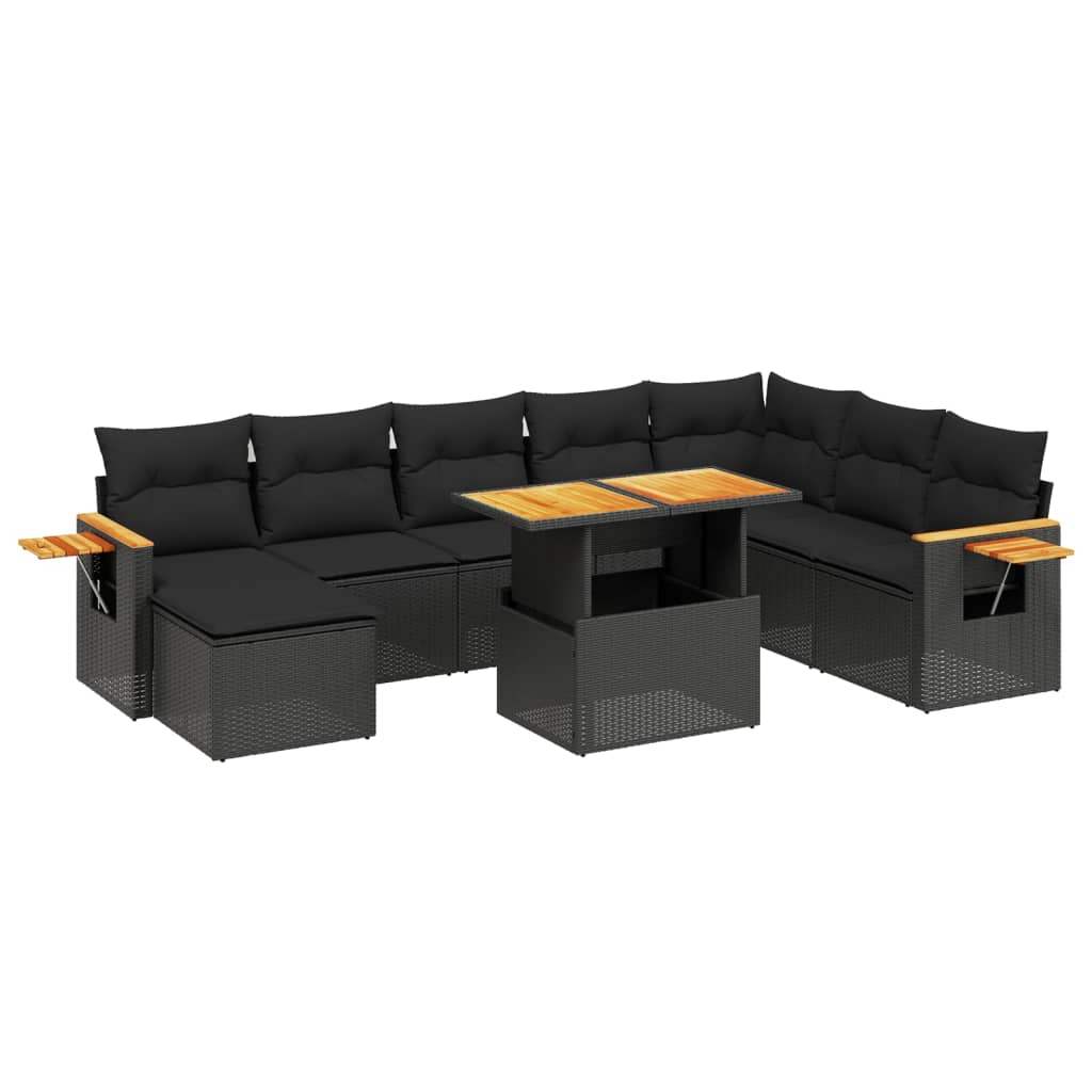 Set Divani da Giardino 9 pz con Cuscini Nero in Polyrattan - homemem39