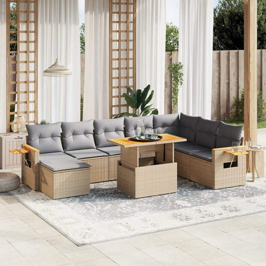 Set Divano da Giardino 9 pz con Cuscini Beige in Polyrattan - homemem39