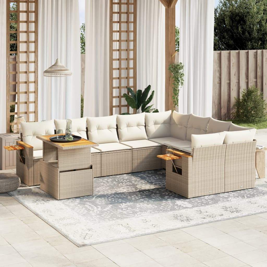 Set Divano da Giardino 10 pz con Cuscini Beige in Polyrattan - homemem39