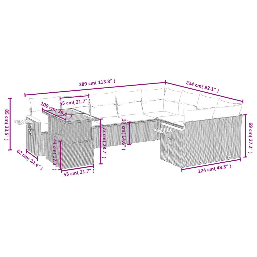 Set Divano da Giardino 10 pz con Cuscini Beige in Polyrattan - homemem39