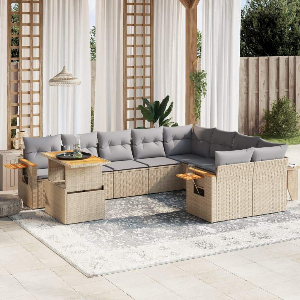Set Divano da Giardino 10 pz con Cuscini Beige in Polyrattan - homemem39