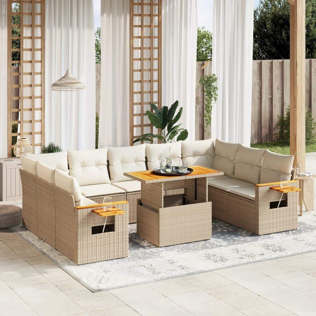 Set Divani da Giardino 11 pz con Cuscini Beige in Polyrattan - homemem39