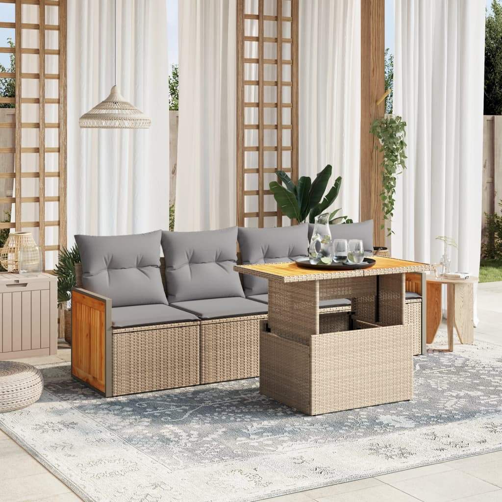 Set Divano da Giardino 5 pz con Cuscini Beige in Polyrattan - homemem39