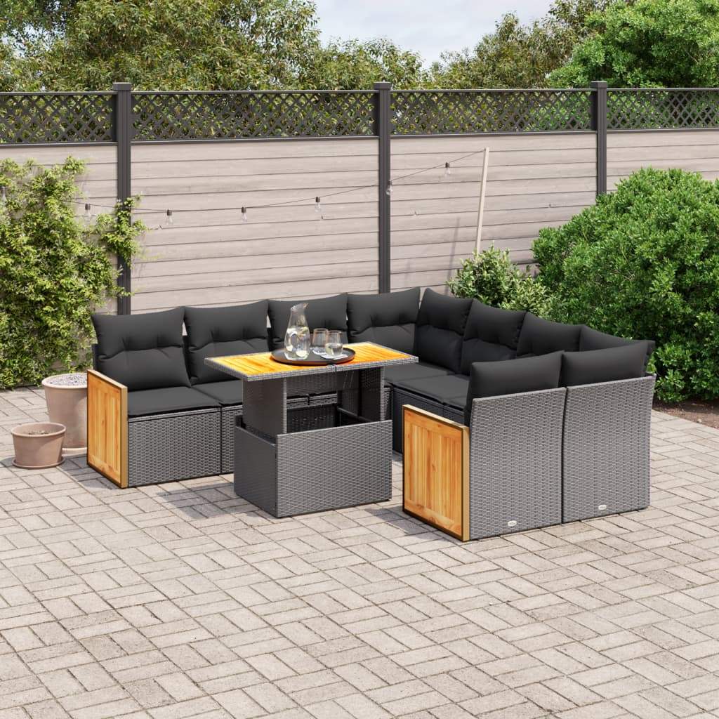 Set Divani da Giardino 9 pz con Cuscini Nero in Polyrattan - homemem39