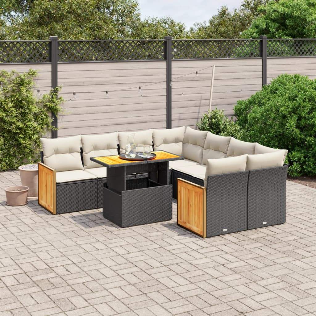 Set Divani da Giardino 9 pz con Cuscini Nero in Polyrattan - homemem39