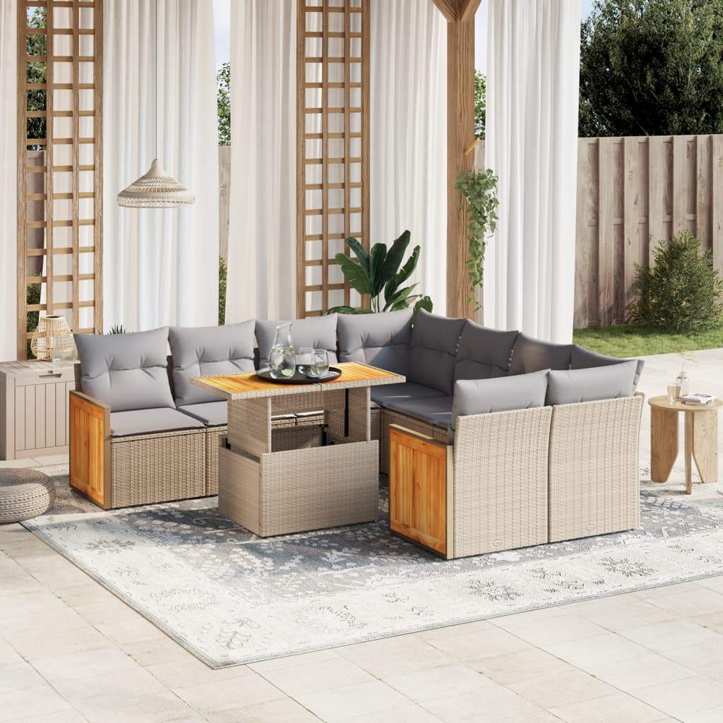 Set Divano da Giardino 9 pz con Cuscini Beige in Polyrattan - homemem39