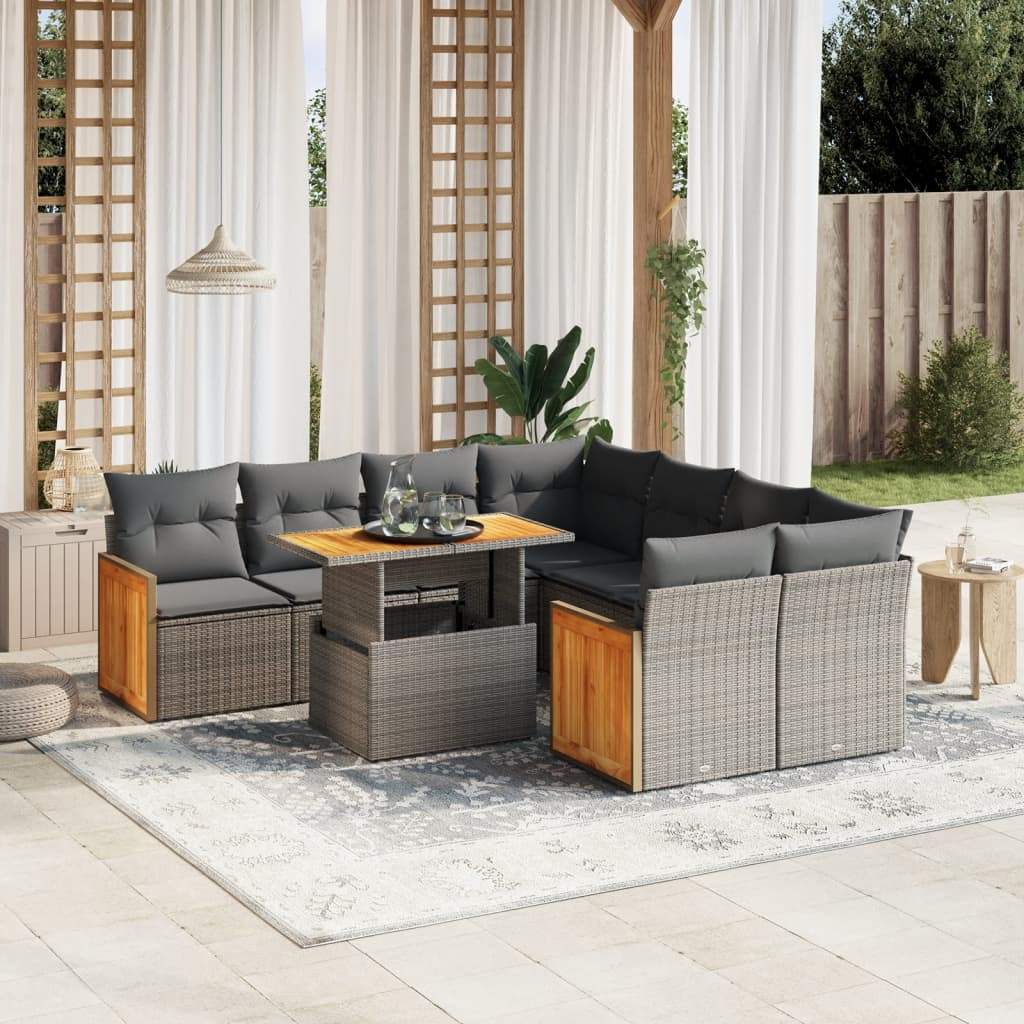 Set Divano da Giardino 9 pz con Cuscini Grigio in Polyrattan - homemem39